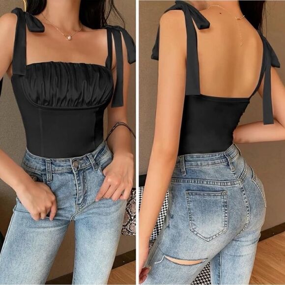 Sexy Satin Sleeveless Backless Tie Shoulder Straps Ruffle Corset Top Bodysuit M - Picture 2 of 11